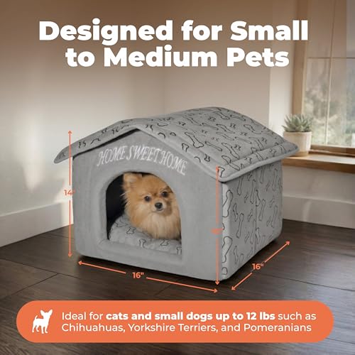 Best Pet Supplies Cat Bed for Indoor Cat, Domed Tent House with Removable Pillow, Covered Cat Cave for Small Dog, Puppies and All Breeds of Cats - Silver w/ Bones, 16 x 16 x H:14" - color: Silver w/ Bones, size: 16" x 16" x H:14"