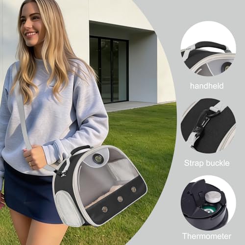 Bearded Dragon Carrier, Reptile Travel Bag with Built-in Thermometer Hygrometer, Breathable Small Animal Carrier with Clear View Window, Portable Guinea Pig Carrier for Gecko, Snake, Hamster - color: Black