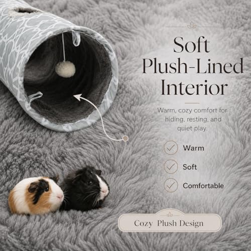Plush Inside 3-Way Shape Small Animals Tube Tunnel with Interactive Ball for Guinea Pig, Hamster, Chinchilla, Hedgehog Hiding and Resting, Geometric Grey - size: L