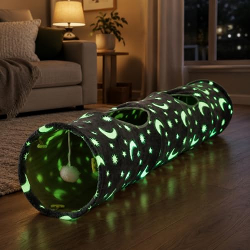 Cat Tunnel Tube with Plush Ball Toys Collapsible Self-Luminous Photoluminescence, for Small Animals Pets Bunny Rabbits, Kittens, Ferrets,Puppy and Dogs Grey Moon Star - size: 47.2Inch