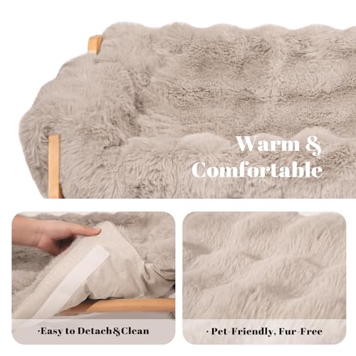 Elevated Cat Couch Bed Wooden Raised Kitty Sofa Lounge Chair | Washable Fluffy Cover Wooden Elevated Pet Furniture for Indoor Cats and Puppy(Gray) - color: Cat Sofa-Khaki(Light Gray)