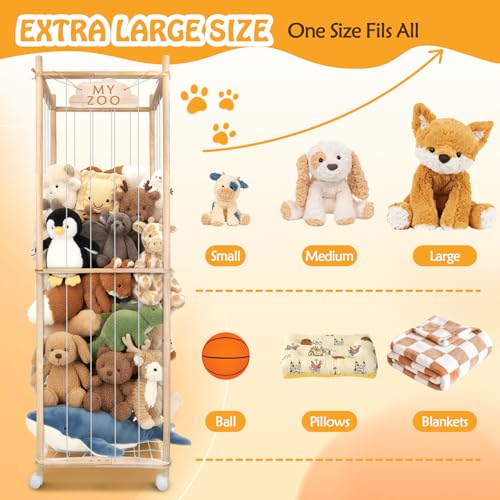 Stuffed Animal Storage Zoo with Wheels, 64" Wooden Large | Stuff Animals Plushies Holder, Toy Organizer Kids Plush Storage Cage, Elastic Band and Net, For Nursery Playroom Corner - color: Wooden