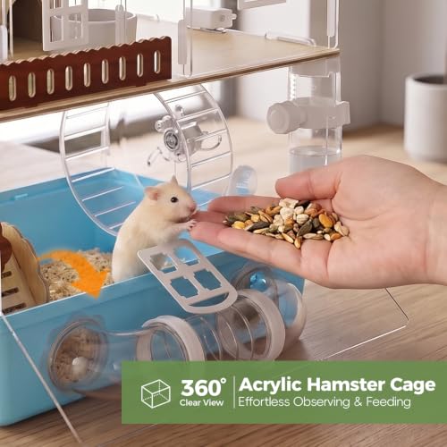 Acrylic Hamster Cage 2 Tier Clear Hamster House with Tunnels | Dwarf Hamster Cage & Habitat with Running Wheel, Food Bowl for Gerbils Syrian Hamsters,13.3''L* 9.8''W* 17.4''H, Blue - color: Blue