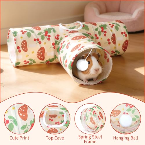 Rypet Guinea Pig Tunnel Hideout 3-Way Collapsible Small Pet Tubes, Cherry | 3 Way Design for Exploration, Collapsible for Easy Storage, Built-in Play Ball, Hiding & Resting for Hamsters Ferrets - color: Cherry