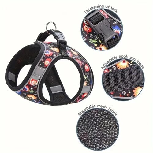 Step in Dog Harness No Pull Flower Adjustable Soft Mesh Harness | Escapeproof Reflective Pet Vest Harness and Leash Set for Small Medium Dogs - color: Black, size: M(neck:12"-13.5",chest:16"-18")