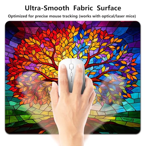 Abstract Tree of Life Mouse Pad, Rainbow Stained Glass Mosaic Art Desk Mat | 9.5"x 7.9", Vibrant Fantasy Design Colorful Artwork, Cute Smooth & Anti-Slip Mousepad - color: Colorful Design Wknoon-Art 01