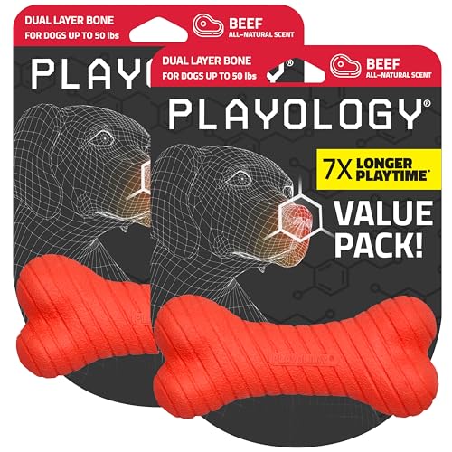 Playology Dual Layer Bone Dog Chew Toy – Medium, Peanut Butter Scent, 2-Ct | Dog Toy Value Pack, Rubber Construction, All Natural Scent, Durable Design - size: Medium (VALUE 2-Pack), style: Beef