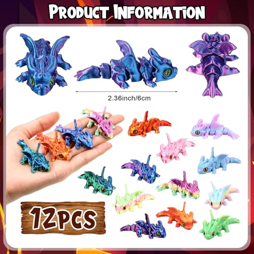 Honoson 12 Pcs 3D Printed Animals 5-7cm, Demon Winged Little Dragon | Articulated Fidget Animals, Flexible 3D Printed Figures for Stress Relief, Cute Mini Joints for Party Favors and Display - size: 5-7cm, style: Demon Winged Little Dragon