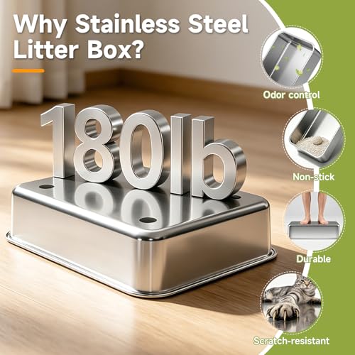 Stainless Steel Litter Box with High Sides, Include Scoop, Black | Easy Cleaning Anti-Urine Leakage Non-Sticky Open Top Low Entry - color: Black XL