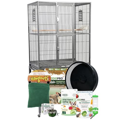 Brisbane Cage & Starter Package for Sugar Gliders - Includes Durable Cage, Healthy Food Variety, Exercise Wheel, Food Dishes, Water Bottle & Nest Pouch