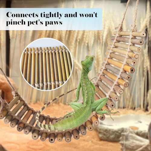 kathson Reptile Bridge for Terrarium,Bearded Dragon Wooden Bridges Gecko Hammock with Hanging Plants Lizard Lounger Bamboo Ladder Reptiles Tank Accessories Climbing for Chameleons Geckos Snakes (3Pcs) - size: Medium