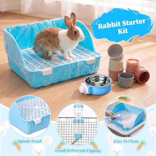 34 Pcs Rabbit Starter Kit Rabbit Litter Box Small Animal Water Bottle Cups Bunny Tunnels Animal Grooming Kit Bowl Blanket with Cleaning Set for Guinea Pig Bunny(Style 3,Light Blue) - color: Light Blue, style: Style 3