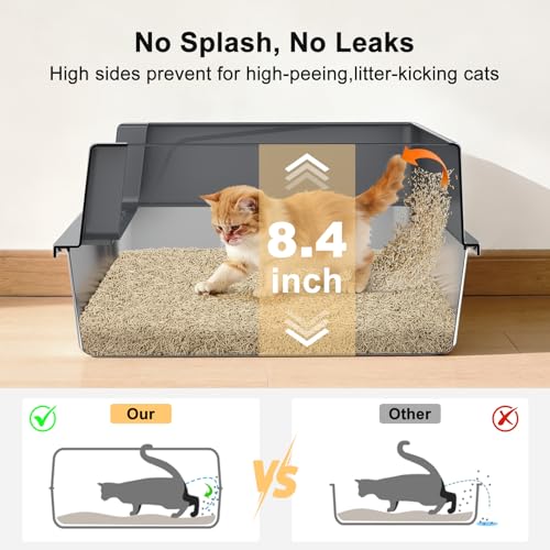 FURTIME Stainless Steel Cat Litter Box, Small Cats Metal Litter Box | High-Sided Open-Top Easy-Clean Litter Pan, Non-Stick, Anti-Leakage, Odor-Free, Comes with Scoop & Mat, 17"×13"×8.4" - color: Grey, size: Small