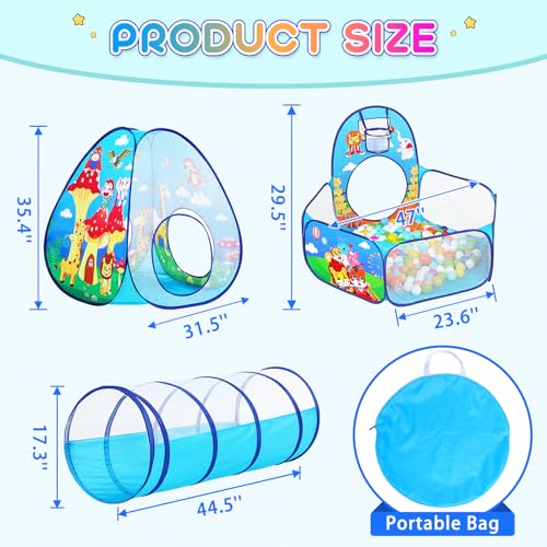 3 in 1 Kids Play Tent for Toddler with Baby Ball Pit and Play Tunnel, Children Indoor Outdoor Playhouse with Climbing Tunnel Toy for Toddlers, Boys and Girls Best Birthday Gifts (3pc Jungle Ball Pit) - style: 3pc Jungle Ball Pit
