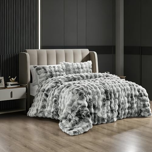 Fredsure Faux Rabbit Fur Comforter Set, 3 Pieces Tie Dye Grey King, Faux Rabbit Fur Face and Microfiber Reverse - color: Tie Dye Grey, size: King