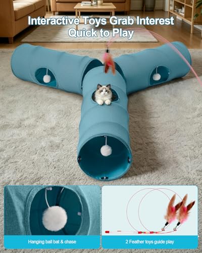 Cat Tunnel, 3 Straight Shaped Tunnels 6 DIY Shapes with Wand Toys, No Noise Scratch Resistant Cool Linen Fabric, Interactive Pet Tunnel Tube for Indoor Cats, Puppy and Rabbits - color: Blue