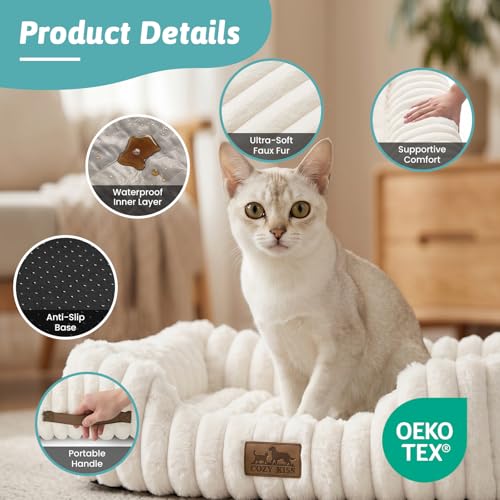 COZY KISS Orthopedic Pet Bed for Small Cats - Washable Rectangle Pet Bed with Anti-Slip Bottom, Soft Calming Cat & Puppy Bed for Indoor Pets (20"x18"x6", Cream) - color: Cream, size: 20"L x 18"W x 6"Th
