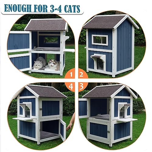 Rockever 2-Layer Outdoor Cat House with Soft Mat, Weatherproof Cat Shelter | Weatherproof blue wooden shelter with escape door, roomy resting spaces and secure protection for feral and outside cats
