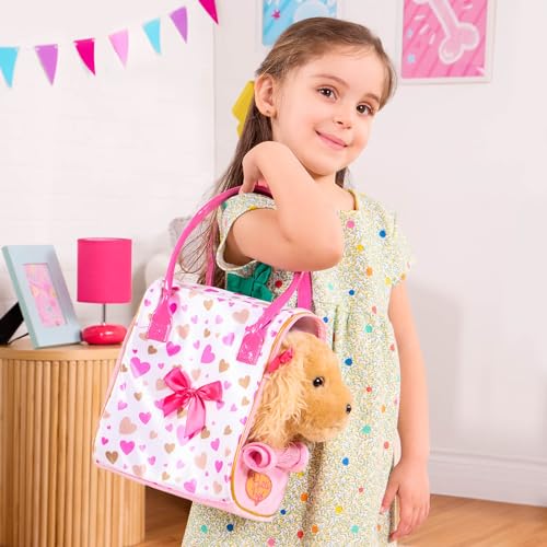 Pucci Pals Plush Puppy Carrier Set, Cocker Spaniel, Heart Print Bag, Pet | 3-piece plush pet set with Cocker Spaniel puppy, comb, and 8 x 6 x 9 in heart print carry bag for grooming and, 2+ Years - style: Cocker Spaniel - Gold & Pink Bag