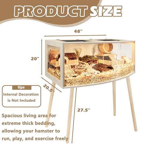 PROLEE Hamster Cage with Curved Design, Chew Proof Wooden Hamsters Enclosure with Leg Stand and Openable Top for Gerbils,Hamster Habitat, 48x20x20 Inch - size: 48.0"L x 20.0"W x 20.0"H