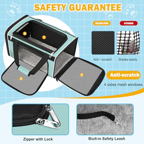 HUANLANG Large Cat Carrier Travel Soft Sided Pet Carrier Airline Approved | Dog Carriers for Small Dogs Medium Cats,Collapsible,3 Storage,zipper lock,Reflective strips,Luggage Strap, Up to 15 Lbs - color: Green