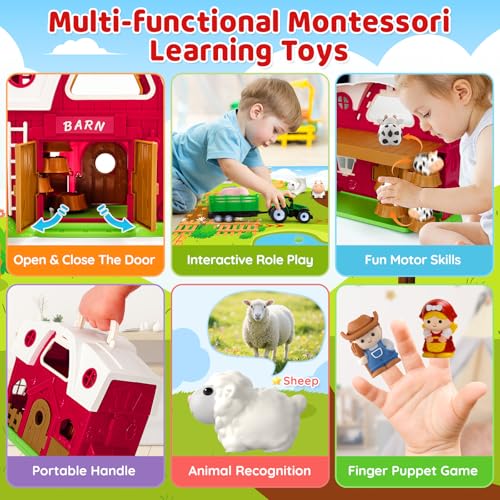 Farm Animal Toys for Toddlers 1-3, Big Barn Montessori Learning Playset | Animal Finger Puppets, Farm Mat and Tractor, Interactive Pretend Play, Christmas Birthday Gifts for 12-18 Months+