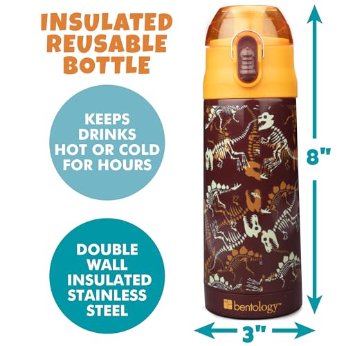 Bentology Stainless Steel 13 oz Reusable Water Bottle for Kids, Dinosaur - Double Wall Insulated, Spill Proof Lid w/Built-in Straw- Keep Liquids Hot or Cold For Hours- Fits in Lunch Boxes & Bags | Double Wall Insulated, Spill Proof Lid W/Built-in Straw- K