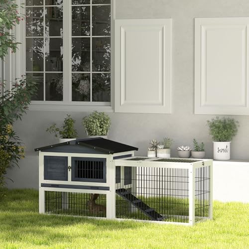 PawHut 2 Levels Outdoor Rabbit Hutch with Openable Top, 59" Wooden Large Rabbit Cage with Run Weatherproof Roof, Removable Tray, Ramp, Dark Gray - color: Dark Grey