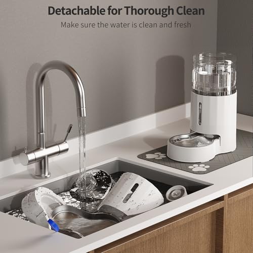 JUNSPOW Cat Water Dispenser with Placemat & Stainless Steel Bowl (4L White) | Automatic Gravity Water Dispenser for Cats or Small Medium Size Dogs, Large Capacity, Easy to Clean - color: White, size: 4L + Mat