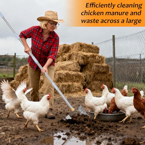Chicken Coop Poop Scooper - 10" Wide Heavy Duty Metal Chicken Poop Scoop | 32-75" Adjustable 3 Adjustable Angle Sifting Shovel, Professional Poultry Litter Cleaner for Chicken Coop, Duck, Goat & Sand