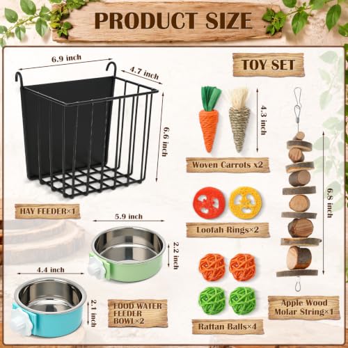 Rabbit Hay Feeder Set with 2 Bowls and Chew Toys, Heavy Duty Metal Hay Holder for Rabbits, Guinea Pigs and Chinchillas, Hanging Cage Feeding Accessories