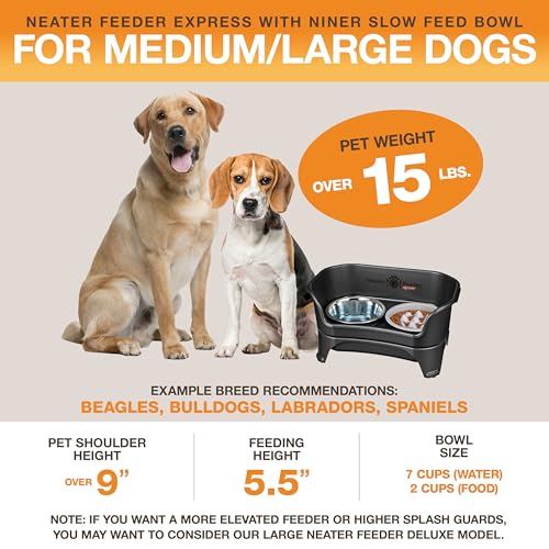 Neater Feeder Express Mess Proof Dog Bowls Elevated for Medium and Large Breed – Made in USA – No Spill Raised Slow Feeder Elevated Dog Bowl Stand, Slow Feed Food and Water Bowl Set, Black - color: Midnight Black, size: Medium to Large w/ 9 Peak Slow Feed