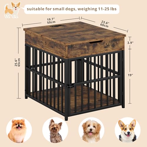 IRONCK Dog Crate Furniture for Small Dogs, Rustic Brown | Wooden Dog Kennel with Flip Top Drawer, Indoor Pet Crate End Table with Charging Station, Steel-Tube Dog Cage - color: Rustic Brown