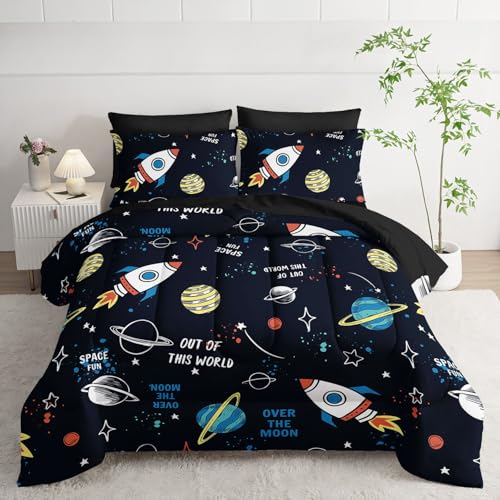 7pcs Space Comforter Set Astronaut Space Rocket Printed Bedding Set with 1 Comforter, 1 Flat Sheet, 1 Fitted Sheet and 4 Pillowcases for Boys and Girls Bedroom (Astronaut Twin - color: Astronaut, size: Twin 68x86inches