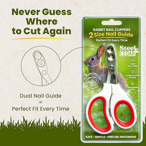 Rabbit Nail Clippers with 2 Size Safety Guide by Steel & Cedar – Professional Bunny Nail Trimmer for Safe & Precise Grooming – Stainless Steel Clippers for Rabbits, Guinea Pigs & Small Pets