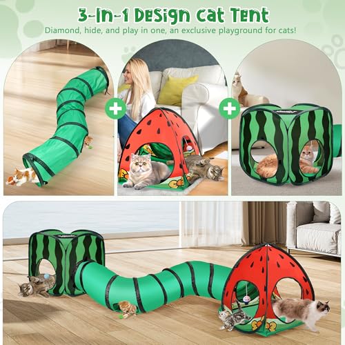 Tailtastic 3-in-1 Watermelon Cat Tunnel with Cube, Tent & Ball for Indoor | 3-way S-tunnel with hide & seek portals & balls, multi-cat cube,30-sec hook-and-loop assembly, foldable for easy storage