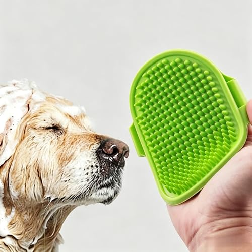 1 Pcs Green Pet Bath Brush, Soft Silicone Massage Grooming Comb, Adjustable Ring Handle Dog Cat Shampoo Scrubber, Washing Shedding Brush for Short Long Haired Pets