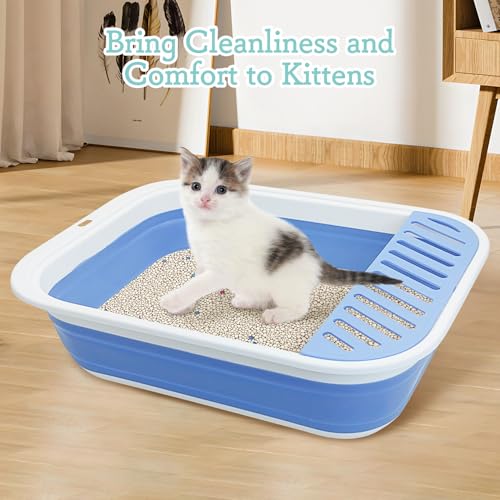 Fhiny Kitten Litter Box Portable Shallow Litter Box 17.7"x13.4"x4.9" Foldable Cat Toilet with Scoop Open Kitty Potty Pan with Litter Drop Pedal Easy to Clean Travel Kitten Toilet(Blue) - color: Blue-M