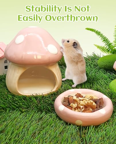 BNOSDM Ceramic Hamster Hideout and Food Bowl Set Cute Mushroom Shape Hamster House and Habitat Cool Hamsters Hide Suitable for Syrian, Mice, Dwarf Hamsters, Gerbils (Pink) - color: Pink Hideout Duo