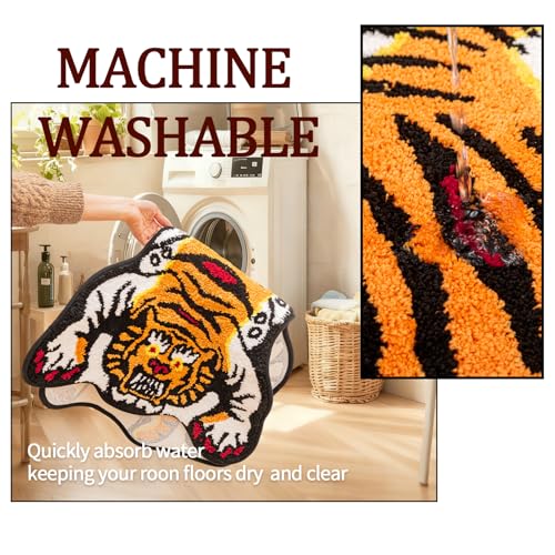 Tibetan Tiger Rug, Orange Tiger Bath Mat Fun Cute Animal Rug | 24 x 40 In, Soft Plush Pile, Non-Slip Backing, Washable, Irregular Shape, Bedroom and Living Room Floor Accent - color: Orange