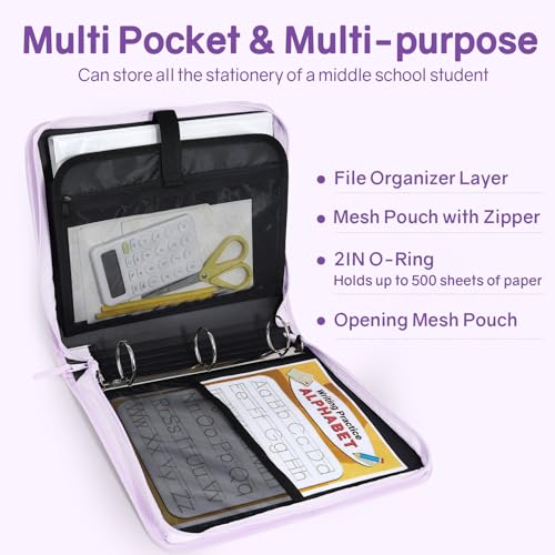 SUNEE Zippered Binder Bag with Handle, 2-Inch 3-Ring O-Ring, 500-Sheet Capacity, Includes Zip Pocket, 5-Tab Expanding File Folder, Multi-Pocket Organizer Binder for Middle School, Lavender Purple - color: Lavender Purple