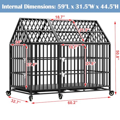 61 inch Heavy Duty Indestructible Dog Crate, Escape-Proof Chewproof Pet Kennel for Large Giant Dogs, Steel Indoor High Anxiety Cage with 6 Wheels, 6 Locks, 2 Trays, 3 Doors, Extra Large XL XXL - size: 60.2"L x 32.7"W x 50.8"H