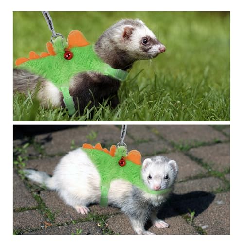 Ferret Harness and Leash Set with Safe Bell, Dinosaur-themed, Green, Small Pet, 2.36-3.54 inches (6-9 cm), 47 inches (120 cm) Lead Rope - color: Green