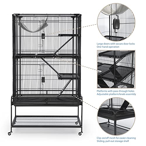 Prevue Pet Products Deluxe Critter Cage - Large 4-Level Metal Small Animal Habitat with Platforms, Ramps, Plush Hammock, Roll-Around Stand & Removable Clean Tray