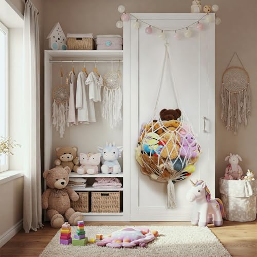 Amdermi Stuffed Animal Storage Hammock Corner Hanging Net Stuffy Animal Hammock Macrame Toy Display Plush Toy Holder for Kid Bedroom Decor Boho Nursery Playroom Organizer (Cream) - color: Cream