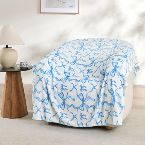 Blue Bow Twin Blanket – 60x80 Inch Soft Fleece Blanket for Girls and Women, Coquette Aesthetic Room Decor for Bed, Couch, Chair, Preppy Bedroom or Gift, Cute Pink Bow Decor Blanket - color: Bow Blue, size: Twin(60"x80")
