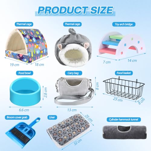 Teenyyou 24 Pcs Small Guinea Pig Starter Kit Essentials for Hamster Cage Accessories Toys House Bed Cage Cleaner Food Bowl Water Holder Carrier Bag Teething Toys Liner Tunnel for Beginner(Blue) - color: Blue