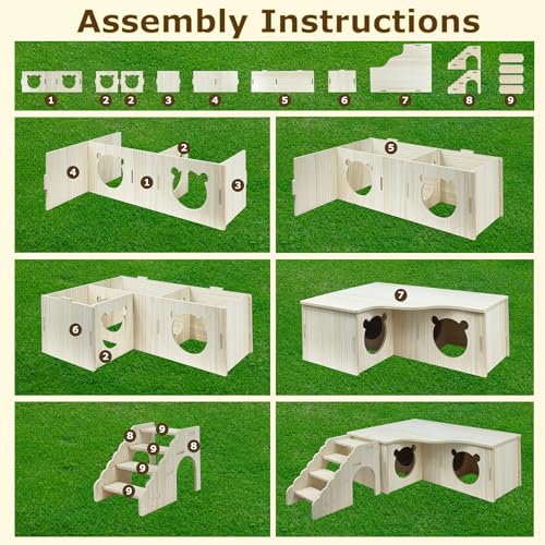 Multi-Chamber Wooden Hamster Hideouts Cages Accessories House Maze Hut Wood Habitats Decor Tunnel Exploring Toys for Syrian Dwarf Gerbils Mice Lemmings Small Animals