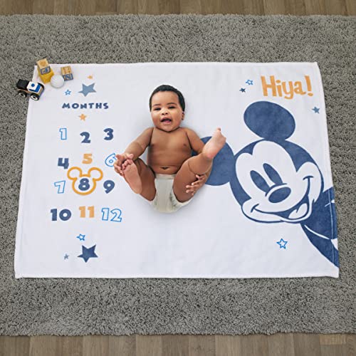Disney Mickey Mouse White, Blue, and Orange Super Soft Milestone Baby Blanket - color: Mickey Mouse White, Blue, and Orange