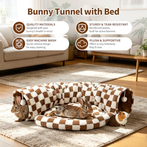 BWOGUE Bunny Tunnel Bed, Brown Plaid 2-in-1 Rabbit Tunnel Hideout with Mat | Removable Mat for Washing, Ball Toy for Play, Tunnel Tubes for Hiding, Soft Suede Fabric, Cats Rabbits Guinea Pigs - color: Brown Checks